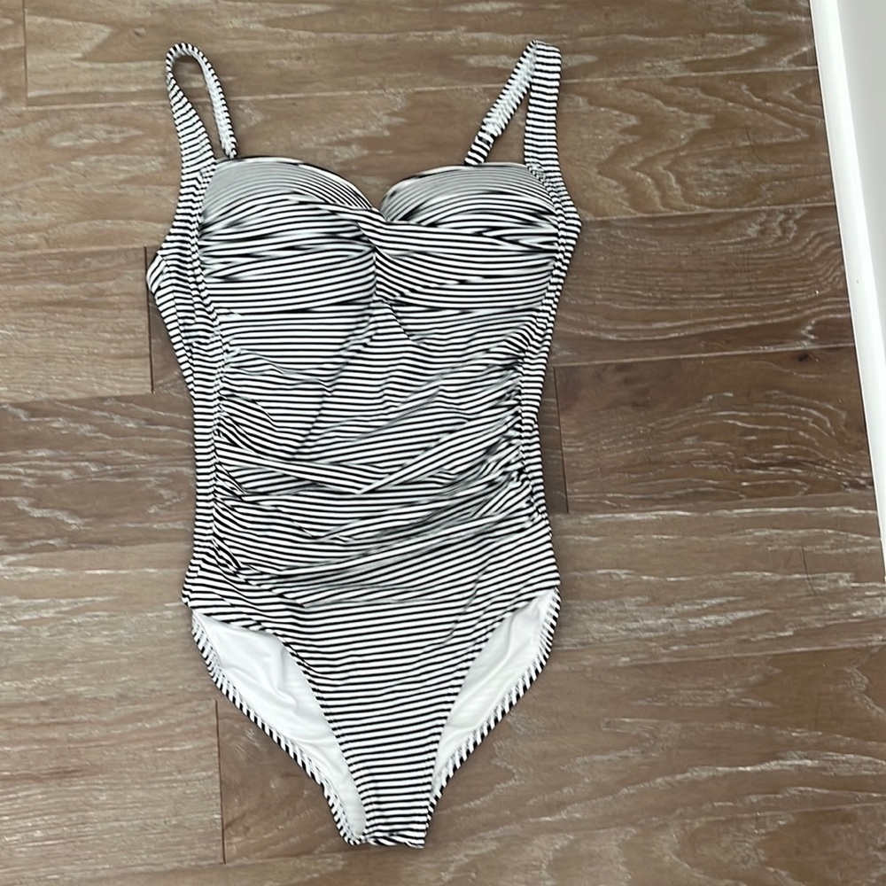 Women’s Niptuck swimsuit, black and white stripes, size 10